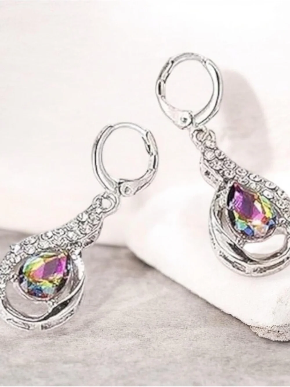 Mystic Rainbow Crystal Teardrop Dangle Earrings Silver Tone